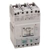 Three-pole molded-case circuit breaker with a central ON/OFF toggle in a gray panel enclosure.
