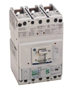 Three-pole molded-case circuit breaker with a central ON/OFF toggle in a gray panel enclosure.