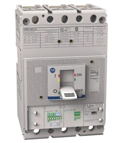 Molded‑case circuit breaker with a large ON/OFF lever on a control panel, ABB branding visible on the faceplate.