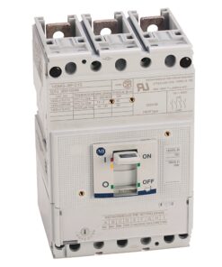 Three-pole circuit breaker with ON/OFF switch (industrial electrical component) viewed from the top/side showing terminal blocks and labeling