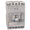 Industrial circuit breaker with a white toggle lever in the ON position and front-label markings, showing top terminal slots and brand logo