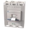 Three-pole molded‑case circuit breaker with a protruding OFF handle in a gray panel enclosure, showing terminal slots at the top and an electrical rating label on the front.