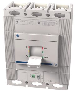 Three-pole molded‑case circuit breaker with a protruding OFF handle in a gray panel enclosure, showing terminal slots at the top and an electrical rating label on the front.
