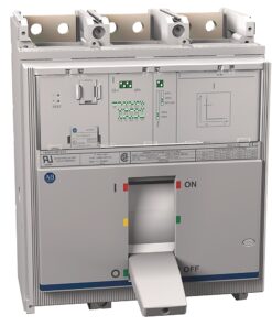 Industrial three-pole circuit breaker with control panel and a foot-operated switch/handle on the front.