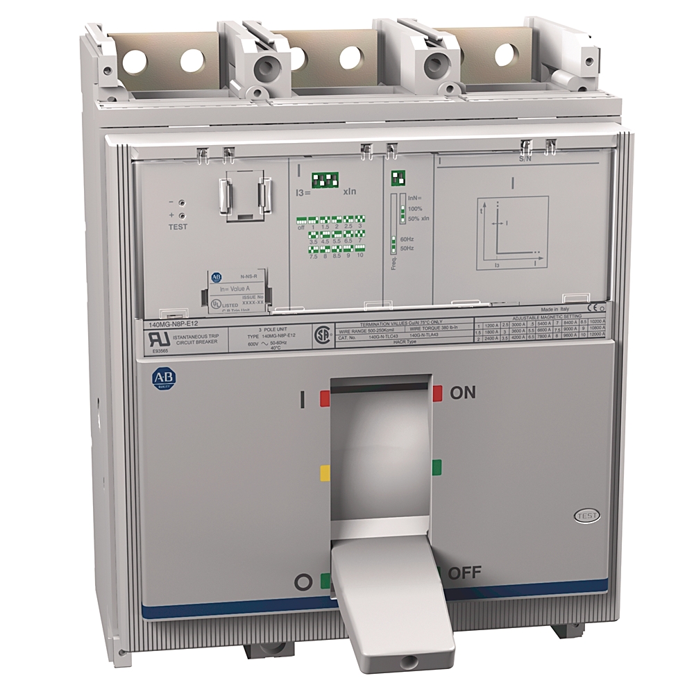 Industrial three-pole circuit breaker with control panel and a foot-operated switch/handle on the front.