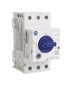 ABB motor circuit breaker with blue rotary handle and terminal blocks labeled L1–L3 and T1–T3