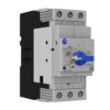 ABB motor protection circuit breaker with blue rotary handle in the ON position, mounted on a gray modular frame with L1, L2, L3 terminals visible