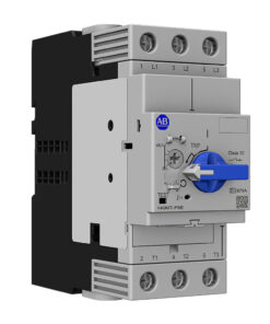 ABB motor protection circuit breaker with blue rotary handle in the ON position, mounted on a gray modular frame with L1, L2, L3 terminals visible