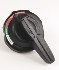 Black circular rotary switch with a long black lever and color-coded ON/OFF/RESET labels (green, red) on the edge.