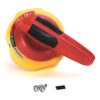 Yellow and red retractable tape measure with a lock switch and two screws visible nearby, plus a small black rectangular piece.