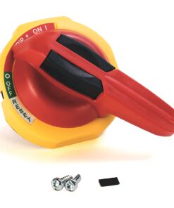 Yellow and red retractable tape measure with a lock switch and two screws visible nearby, plus a small black rectangular piece.