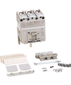 Disassembled electrical breaker assembly with three terminal blocks and assorted screws, washers, and plastic covers laid out on a white surface