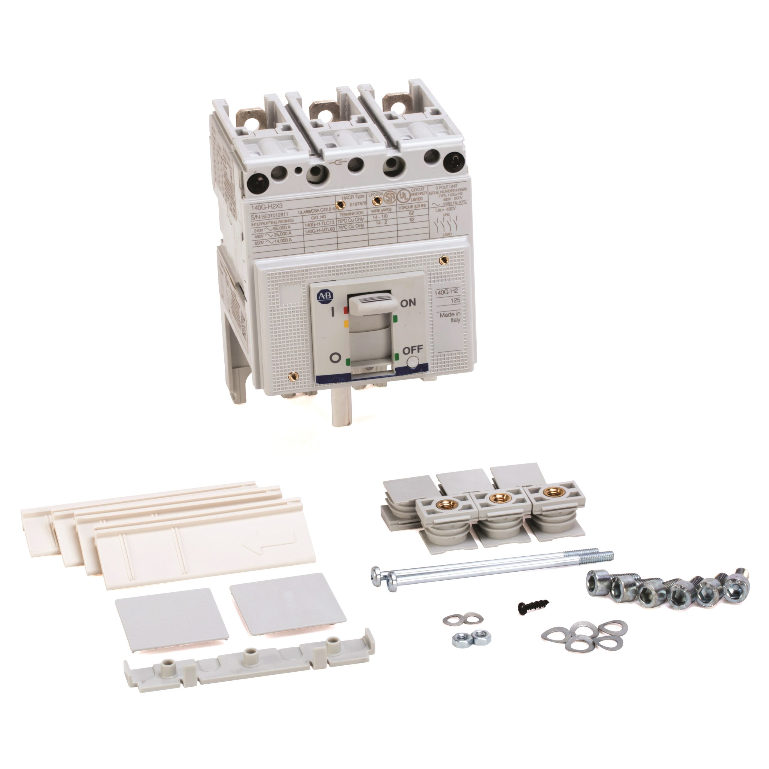 Disassembled electrical breaker assembly with three terminal blocks and assorted screws, washers, and plastic covers laid out on a white surface