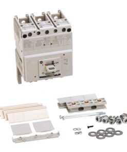 Assorted electrical components: a three-pole circuit breaker with mounting hardware, screws, washers, and plastic mounting brackets laid out.