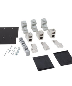 Assorted electrical terminal blocks, connectors, mounting plates, screws, and insulating sheets laid out for assembly.