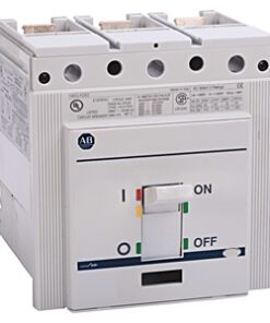ABB molded-case circuit breaker (three-pole) with OFF lever, front view of device.