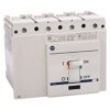 Four-pole molded‑case circuit breaker with ON/OFF handle, mounted in an electrical panel, white housing.