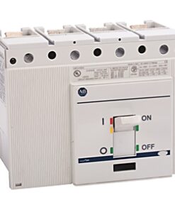Four-pole molded‑case circuit breaker with ON/OFF handle, mounted in an electrical panel, white housing.