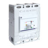 Three-pole white industrial circuit breaker with an ON/OFF toggle and colored indicators, mounted in a panel.