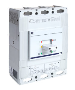Three-pole white industrial circuit breaker with an ON/OFF toggle and colored indicators, mounted in a panel.