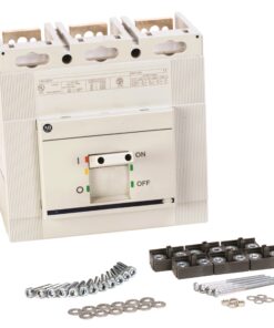 A white circuit breaker with assorted hardware parts like screws, washers, nuts, and mounting brackets laid out below.