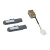 Two dark gray rectangular sensor modules and a brown micro switch with a white four-pin connector and wiring harness.