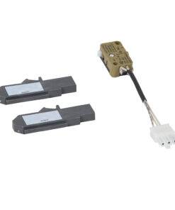 Two dark gray rectangular sensor modules and a brown micro switch with a white four-pin connector and wiring harness.