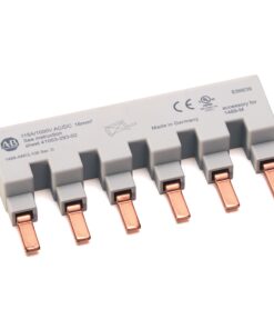 Six-position gray electrical terminal block with copper blade contacts, viewed at an angle from the side.