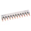 Gray plastic terminal block with multiple copper blade terminals for PCB mounting (10+ positions).