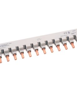 Gray plastic terminal block with multiple copper blade terminals for PCB mounting (10+ positions).