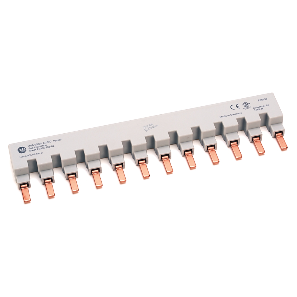 Gray plastic terminal block with multiple copper blade terminals for PCB mounting (10+ positions).