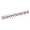 Gray multi-pin PCB connector strip with copper contact blades arranged in a row on a white background