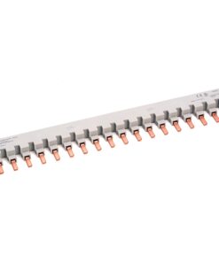 Gray multi-pin PCB connector strip with copper contact blades arranged in a row on a white background