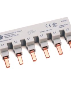 Six-position terminal block with copper blade contacts labeled L1/L2 and 'Made in Germany' mark on a white module used for electrical connections.