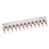 Row of gray multi-terminal blocks with copper contact blades labeled L1 and L2 on each module, forming a strip used for electrical connections