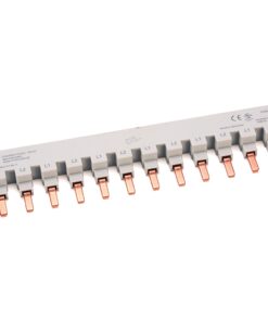 Row of gray multi-terminal blocks with copper contact blades labeled L1 and L2 on each module, forming a strip used for electrical connections