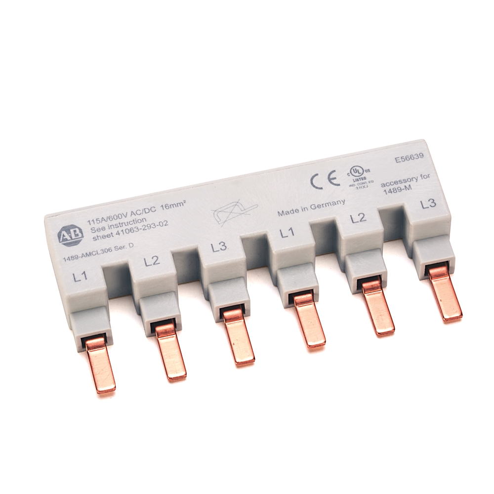 Six-position electrical terminal block with copper blade terminals labeled L1–L3 (two rows of three), for AC/DC connections.