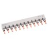 Grey modular terminal strip with multiple copper contact blades and L1–L3 labels across the top, used for wiring connections in electrical panels.