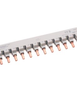 Grey modular terminal strip with multiple copper contact blades and L1–L3 labels across the top, used for wiring connections in electrical panels.