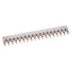 Grey multi-terminal block with copper contact blades labeled L1–L3 along its length, used for electrical distribution in control panels.