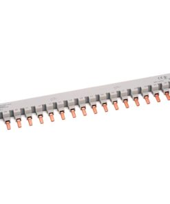 Grey multi-terminal block with copper contact blades labeled L1–L3 along its length, used for electrical distribution in control panels.