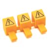 Three yellow electrical hazard warning blocks with triangular warning symbols and protruding handles.