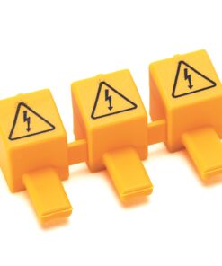 Three yellow electrical hazard warning blocks with triangular warning symbols and protruding handles.