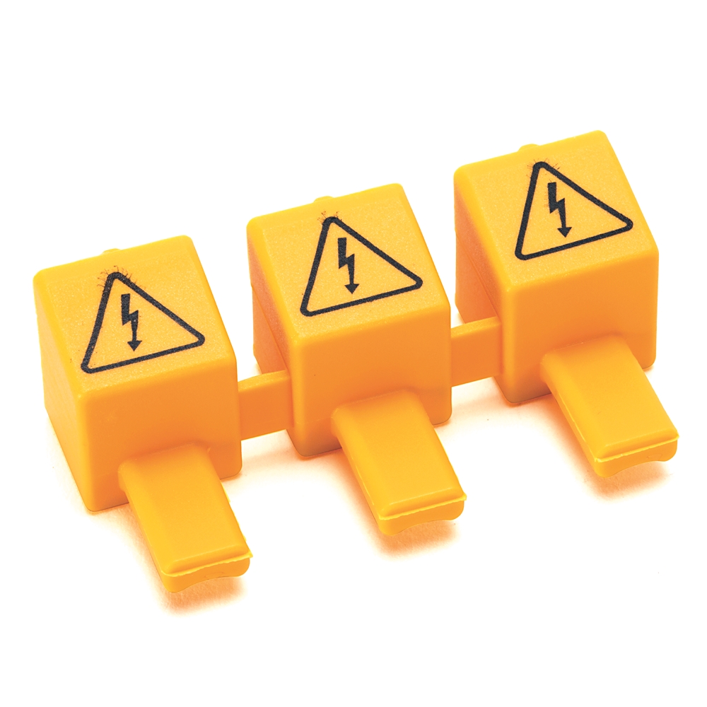 Three yellow electrical hazard warning blocks with triangular warning symbols and protruding handles.