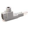 Light gray LEGO Technic connector block with a vertical cylindrical socket on top and a long axle extending from the side.