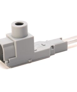 Light gray LEGO Technic connector block with a vertical cylindrical socket on top and a long axle extending from the side.