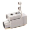 Gray LEGO Technic engine block with two top round holes and a cylindrical pipe on the left; small hinged clip with two round studs on top