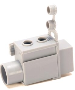 Gray LEGO Technic engine block with two top round holes and a cylindrical pipe on the left; small hinged clip with two round studs on top