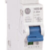 White single-pole miniature circuit breaker with a blue toggle lever and labeled ratings on the side.