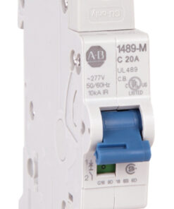 White single-pole miniature circuit breaker with a blue toggle lever and labeled ratings on the side.